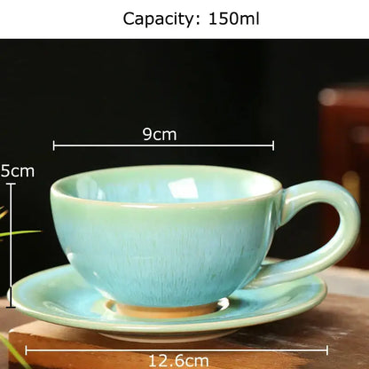 Colorful glazed porcelain tea cup and saucer set with gradient light green to blue finish for dining room decor