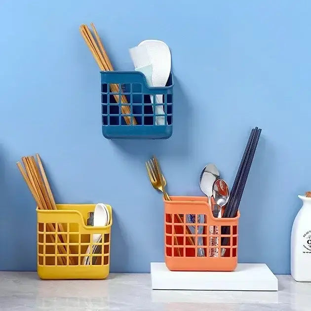 Colorful blue yellow and orange plastic kitchen cutlery storage holders with grid patterns for decorbites kitchen cutlery