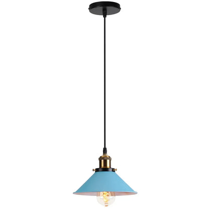 Vintage-style decorbites colorful industrial pendant light with matte blue cone shade brass accents and exposed bulb