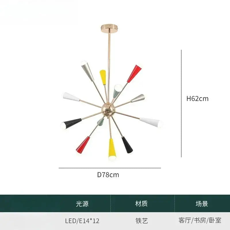 A modern colorful led molecular chandelier with brass hub and twelve red yellow black white silver and gray shades for living room decorbites colorful led