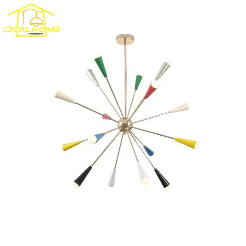 A vibrant colorful led molecular chandelier with brass fixture and multi-colored conical shades for living room decorbites colorful led