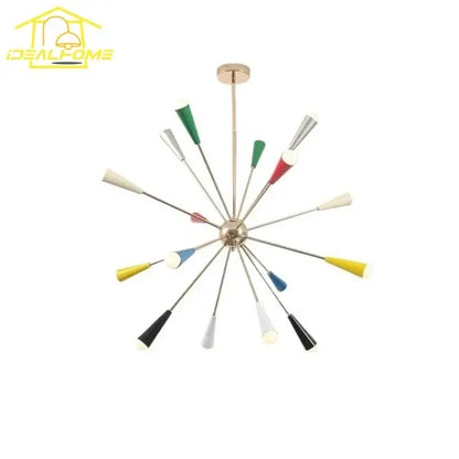 A vibrant colorful led molecular chandelier with brass fixture and multi-colored conical shades for living room decorbites colorful led
