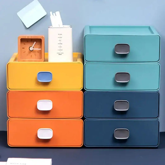 Set of colorful plastic decorbites desktop cosmetic storage box drawers in yellow orange teal and navy blue with handles