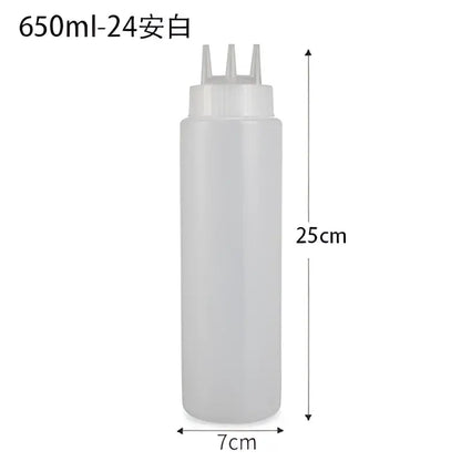 Transparent plastic decorbites condiment squeeze bottle with white three-pronged cap from colorful multi prong squeeze bottle set