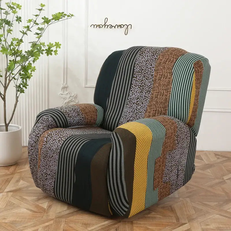 A vibrant stretchy sofa cover with bold vertical earth tones and mustard yellow stripes for recliner protection