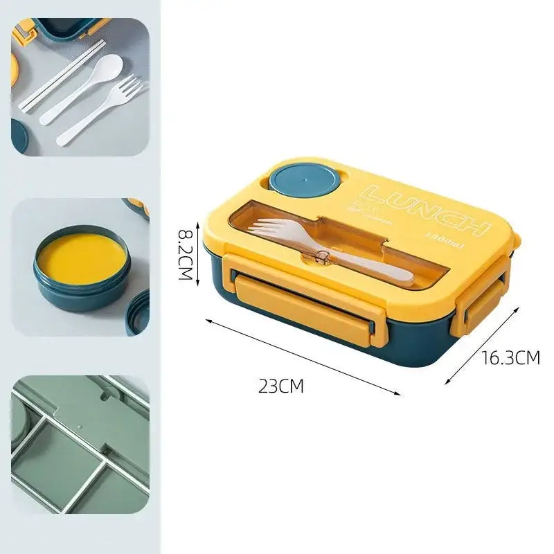 Yellow and teal plastic lunch box set with two compartments and clear window showing white utensils inside box set