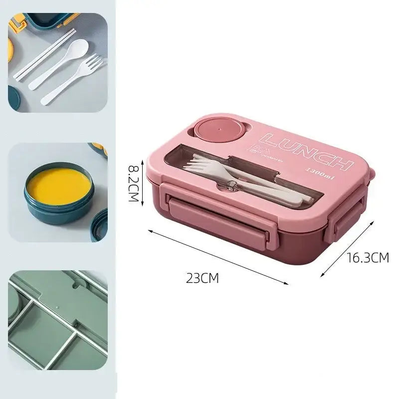 Pink plastic lunch box set with clear window showing white utensils in a colorful compartmentalized kitchen bento container