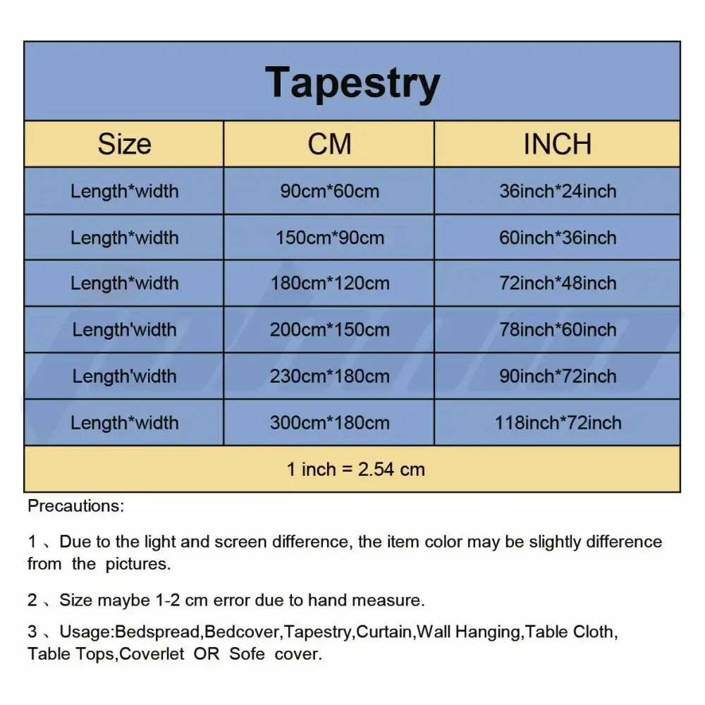 Colorful printed tapestry by decorbites with size dimensions in cm and inches for bedspread or bedroom wall hanging