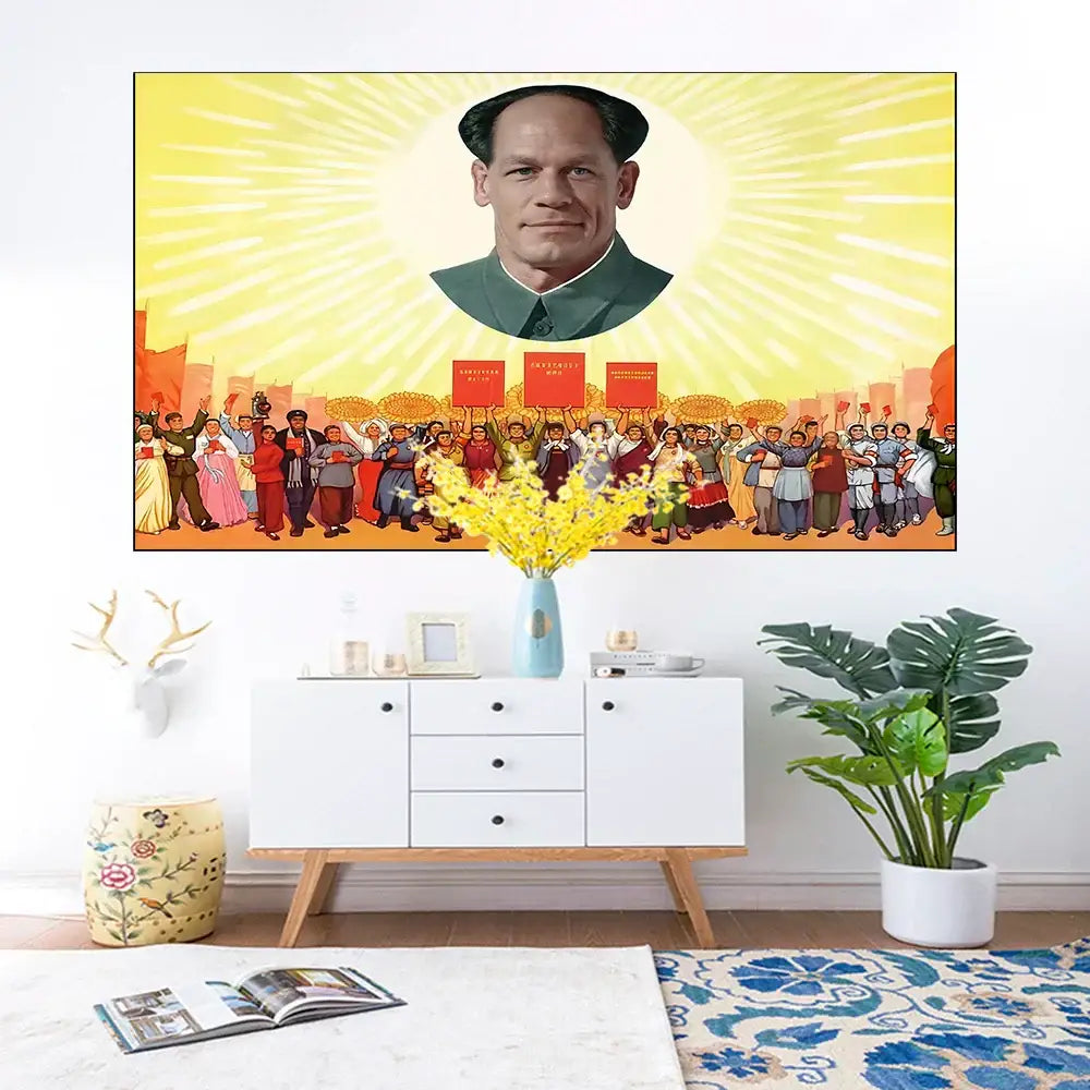 Decorbites colorful printed tapestry featuring john cena in mao-style uniform with yellow sunburst for bedroom decor