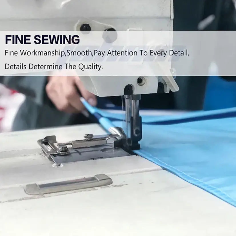White industrial sewing machine stitching blue fabric for decorbites colorful printed tapestry bedroom wall hanging