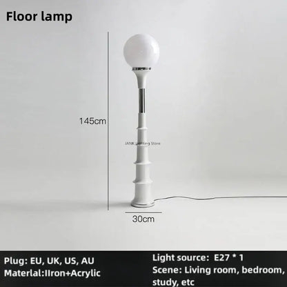 White spherical floor lamp with slender metallic stem and tiered iron acrylic base by decorbites colorful retro led for bedroom