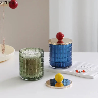 Blue ribbed glass tea canister with gold rim and red lid for kitchen storage jar in decorbites glass tea set