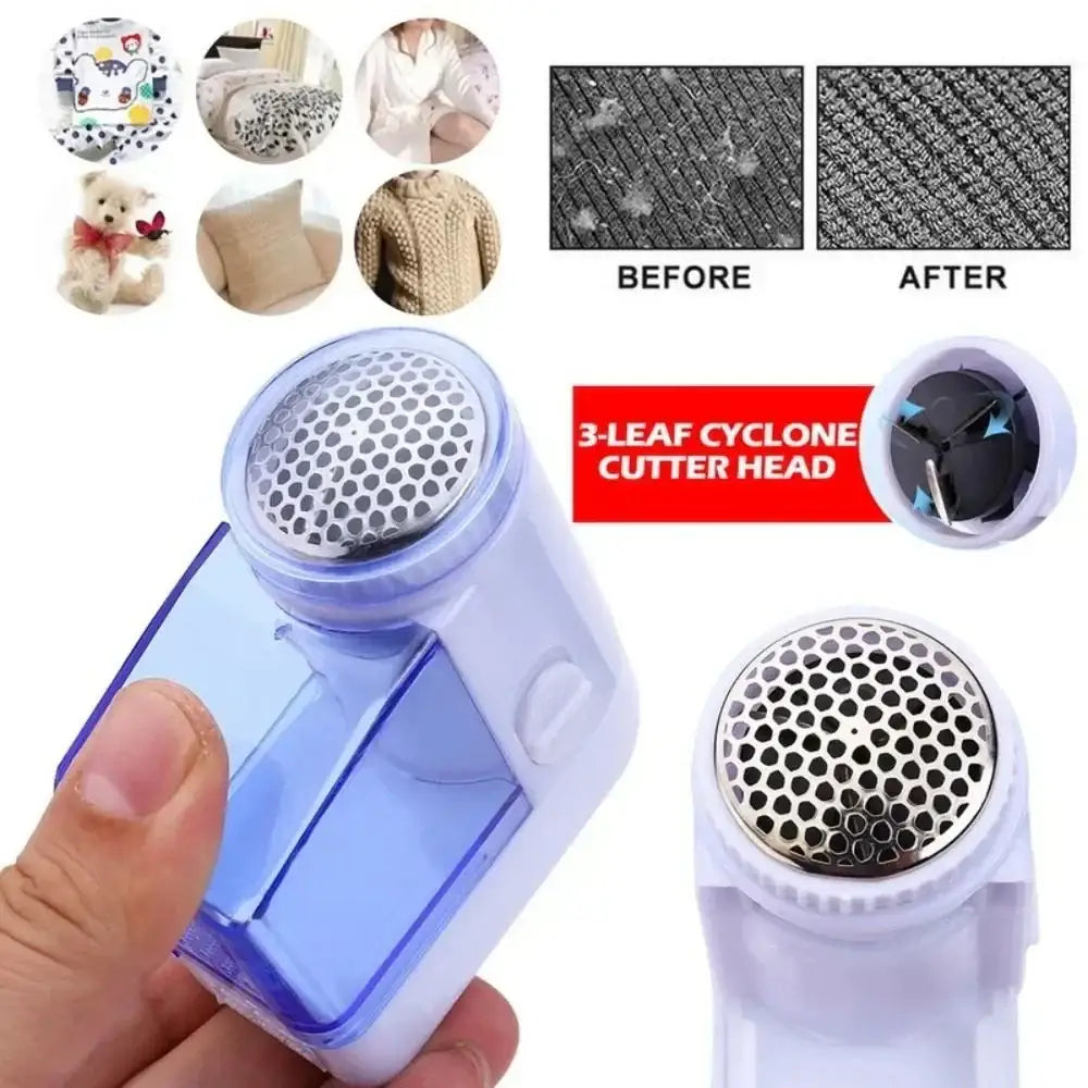 Compact blue and white electric fuzz pellet remover with translucent body and perforated metal cutting head for fabric care