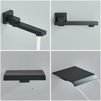 Black matte finished modern concealed shower system with square design and waterfall spout for rainfall effect