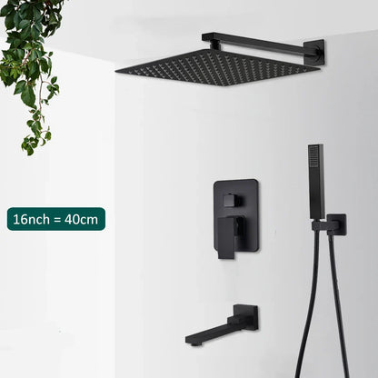 Black matte-finished square rain shower head with modern minimalist design for concealed shower system rainfall waterfall