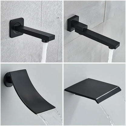 Black matte finished modern bathroom faucet with square and curved designs for concealed shower system rainfall waterfall