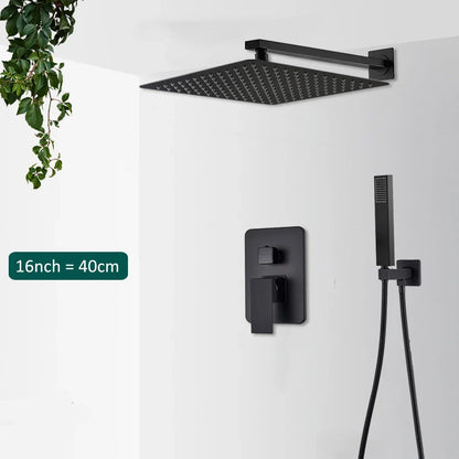 Black matte-finished square rain shower head with modern minimalist design for concealed shower system rainfall waterfall