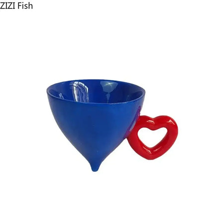 Blue ceramic conical cream heart ceramic coffee mug with red heart ceramic handle for dining room juice decorbites heart ceramic