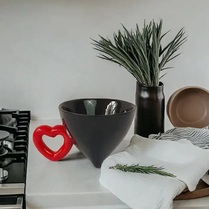 Glossy black conical cream heart ceramic coffee mug with vibrant red heart ceramic handle for dining room juice cup decorbites heart ceramic