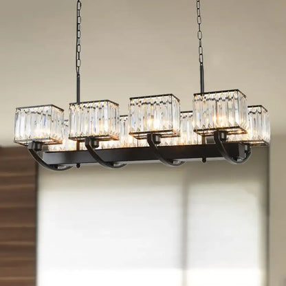 DecorBites™ contemporary crystal chandelier with black metal frame, five rectangular shades, and adjustable chain for 220v-240v