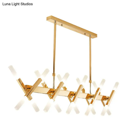 Gold-finished modern DecorBites island pendant light with intersecting geometric arms and frosted glass fixtures
