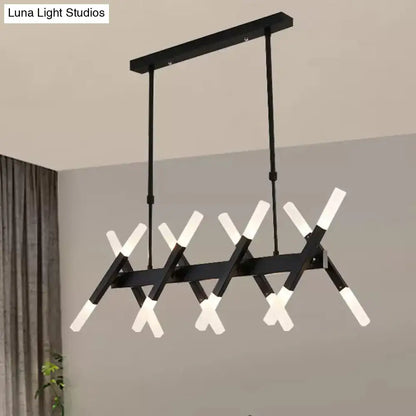 DecorBites contemporary black metal island pendant light with intersecting arms and white LED light bars gold island pendant