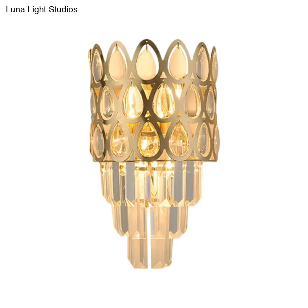 Contemporary black gold sconce with tiered cut-out teardrop metal frames and clear crystal prisms for living room grid wall mount lights black gold