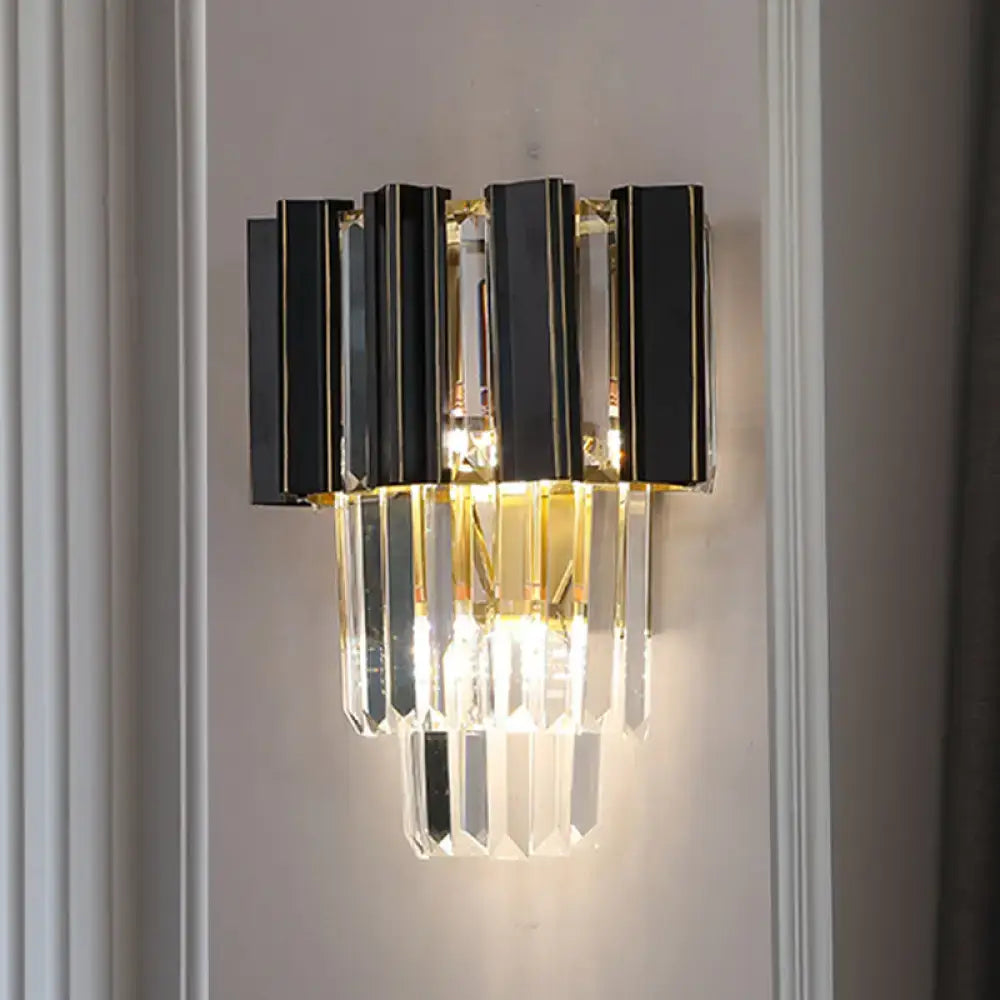 Contemporary black and gold wall lamp with clear crystal prisms and vertical rectangular panels for bedroom 220v-240v 110v-120v