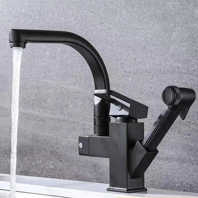 Contemporary black kitchen faucet with a single handle and pull-out spray head in matte finish and curved spout