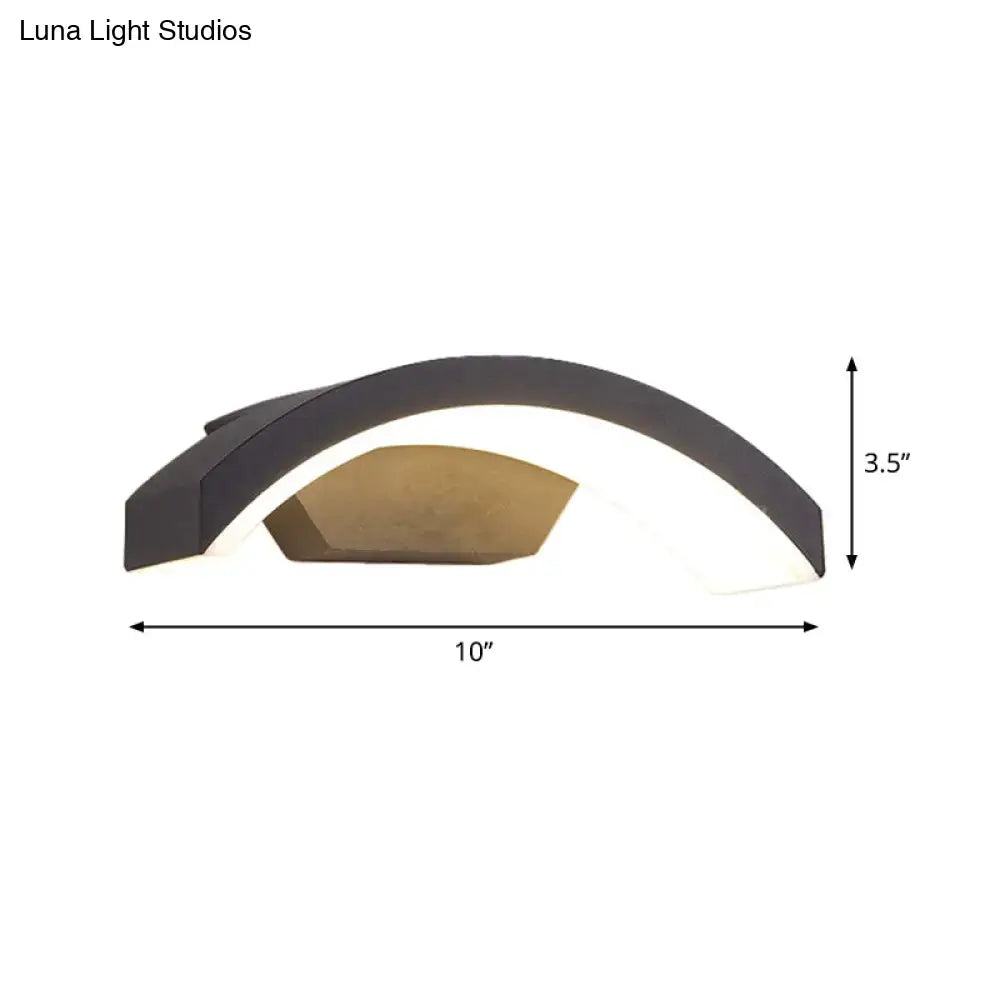 Contemporary black led wall lamp with a modern arched design, sleek black frame, and warm gold-toned inner panel
