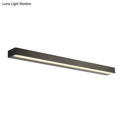 Modern matte black rectangular linear vanity sconce with sleek minimalist design and white warm led light for bathroom use
