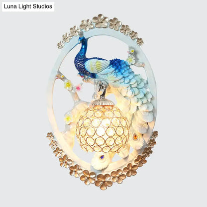 Contemporary blue and white peacock wall sconce with crystal ball light fixture for elegant living room decor