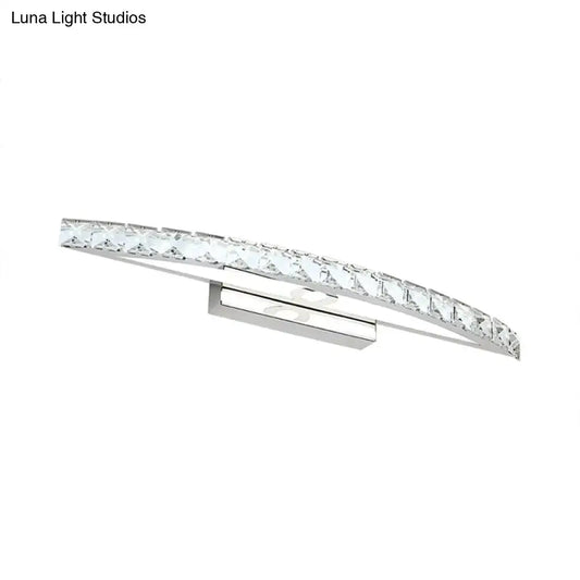 Contemporary bow shaped silver vanity lighting wall sconce with chrome finish and clear faceted crystal accents