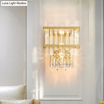 Gold-toned brass chrome wall lamp with clear crystal rods and faceted crystals for dining room lighting fixture