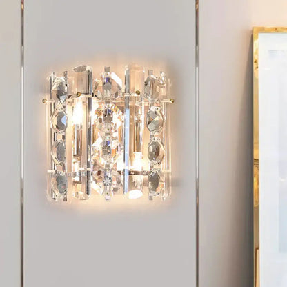 Contemporary chrome crystal 2-light wall lamp with clear faceted crystals and polished chrome rods for living room