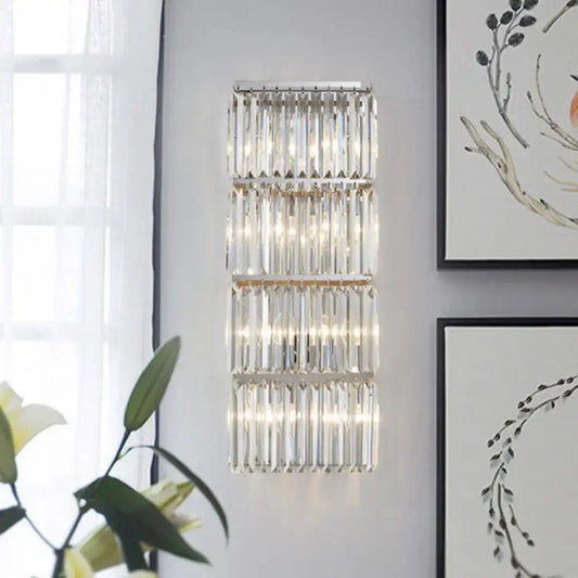 Contemporary chrome crystal flush wall sconce with four rows of clear faceted crystal rods for living room light