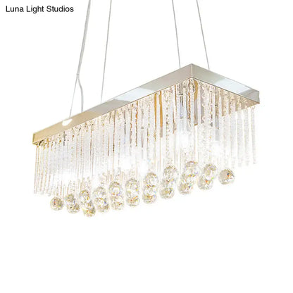 DecorBites™ contemporary chrome island light fixture with rectangular crystal chandelier and cascading glass prisms