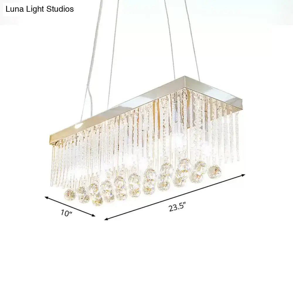 Rectangular crystal chandelier light fixture with polished chrome frame and clear glass prisms for chrome island light