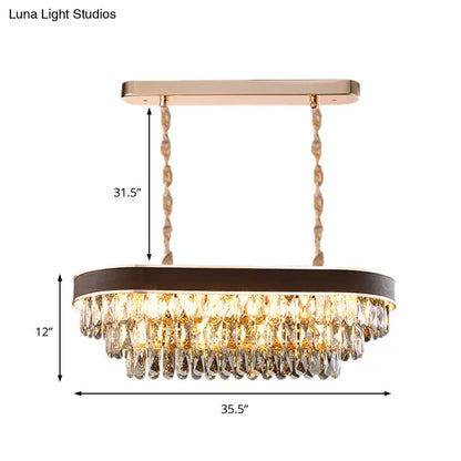 Contemporary crystal block oval island lamp light fixture with gold-toned frame clear crystal droplets and dark brown band