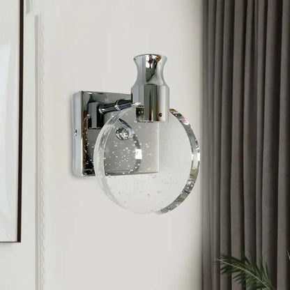 Contemporary crystal led circle wall sconce with chrome finish and bubble-textured glass shade for living room lighting
