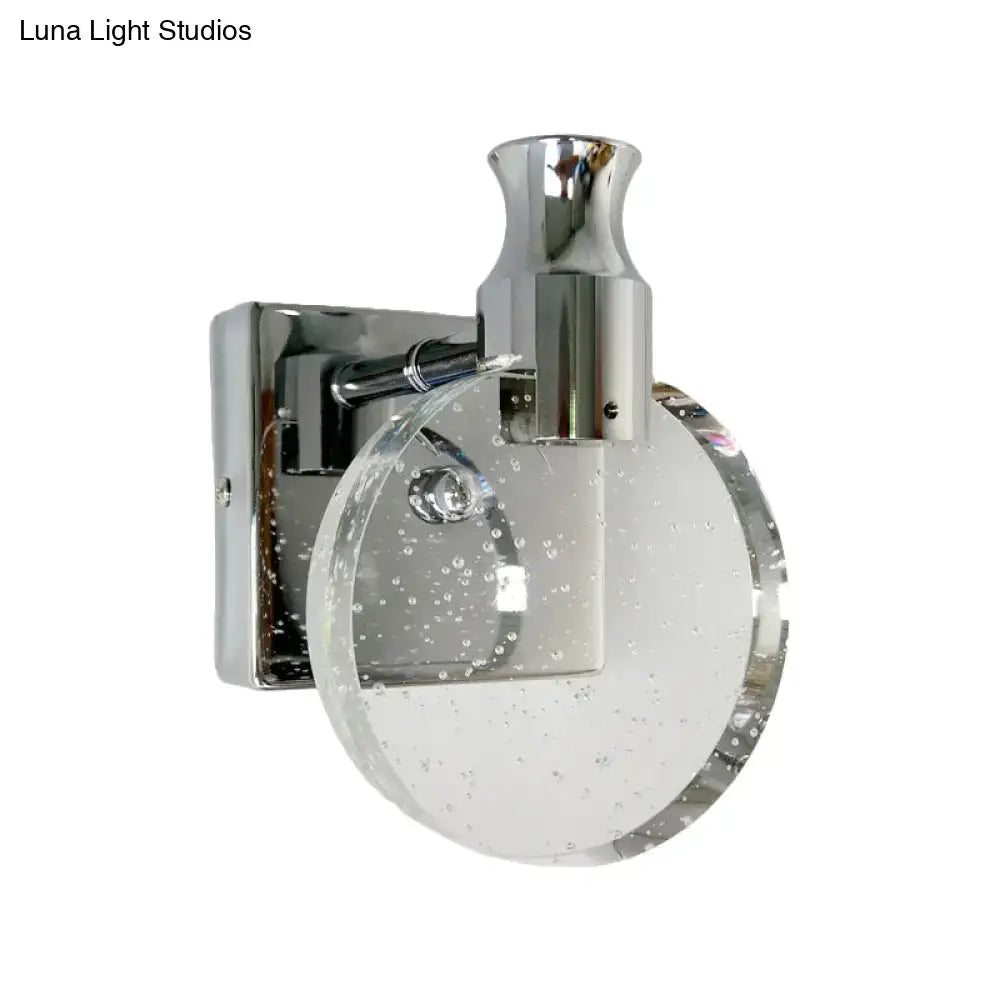 Contemporary crystal led circle wall sconce with chrome finish and bubble textured glass shade for living room lighting