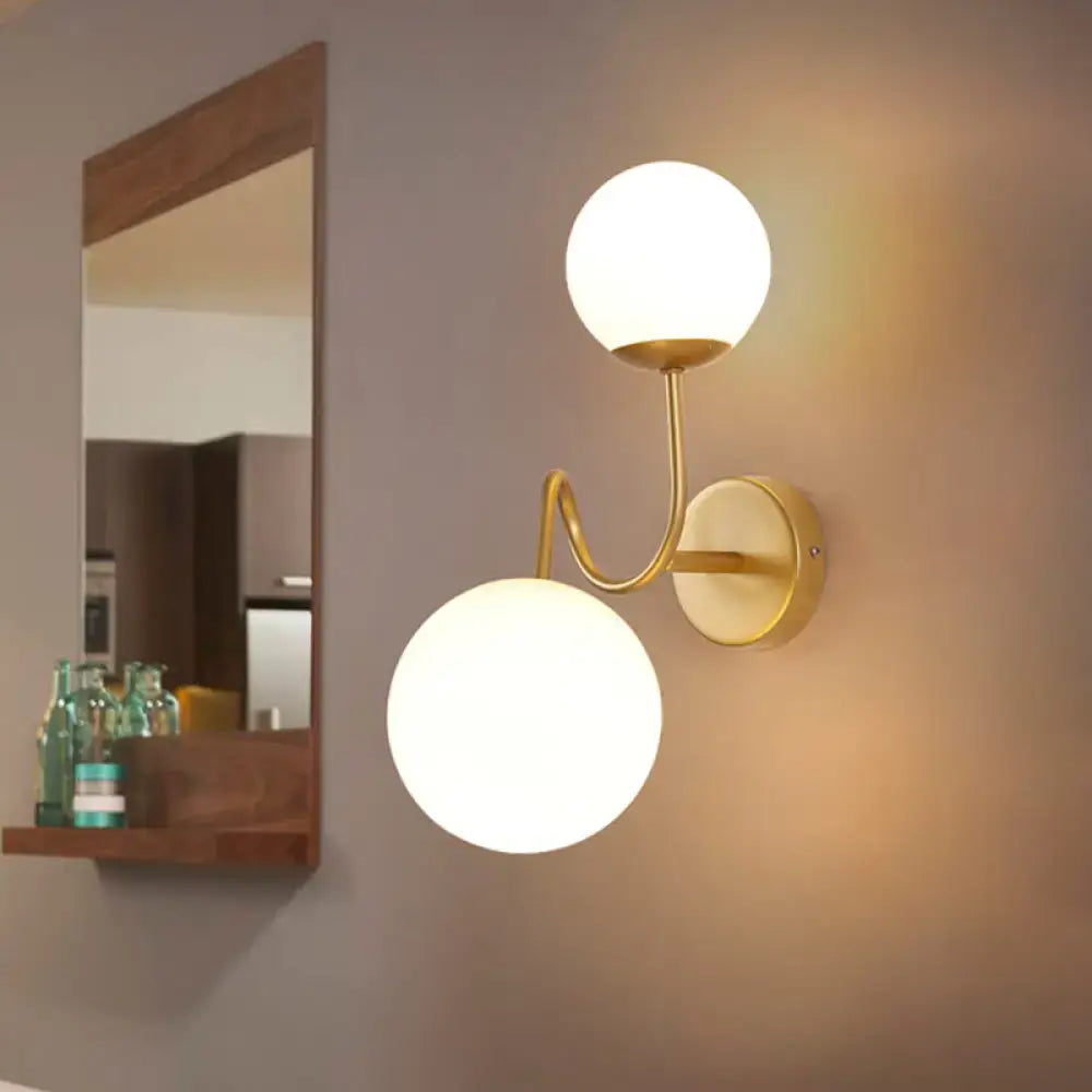 Contemporary gold 2 head wall sconce with white glass shade designed for e26 e27 bulb in living room lighting