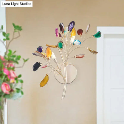 Contemporary gold agate leaf tree sconce 24 inches tall with colorful translucent gemstone leaves in purple green yellow and blue