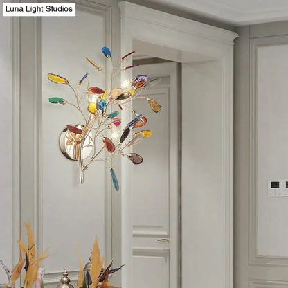 Contemporary 24 inches tall tree sconce with colorful glass leaves and silver metal base for living room lighting