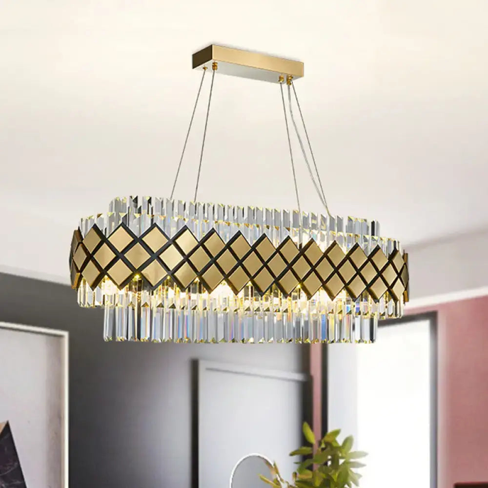 Contemporary gold pendant light with clear crystal lattice frame and geometric diamond pattern for dining room illumination