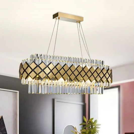 Contemporary gold pendant light with clear crystal lattice frame and geometric diamond pattern for dining room illumination