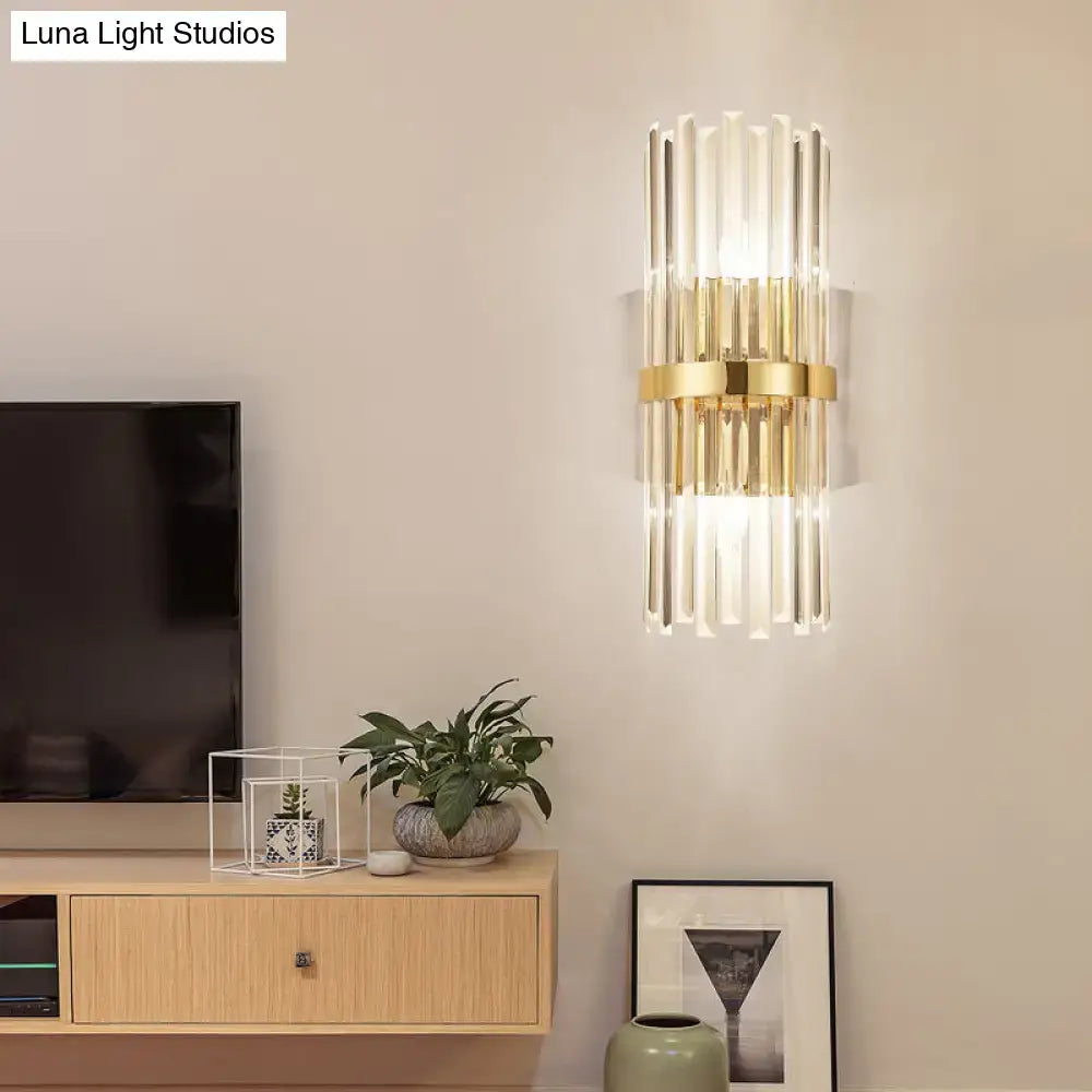 Contemporary gold wall lamp with vertical crystal rods and cylinder design for 220v-240v living room lighting