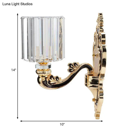 Contemporary gold crystal cylinder wall sconce with gold finish and clear vertically ribbed shade fits e26 e27 bulbs