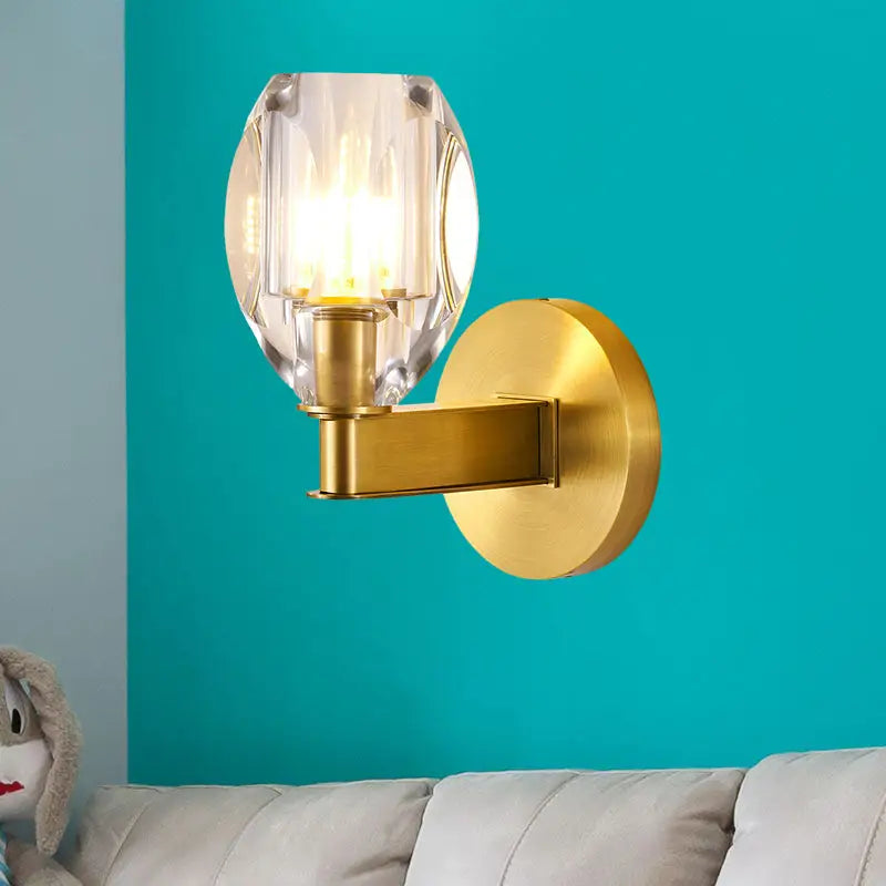 Contemporary gold crystal led wall light bedroom sconce with faceted glass shade compatible with 220v-240v and 110v-120v bulbs