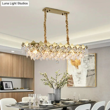 Contemporary gold crystal rhombus chandelier with rectangular frame and twisted rope chains for dining room lighting